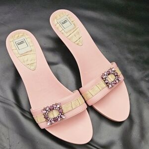 Hilary Radley Pink Embellished Women's Slides Leather  Kitty Heel Shoe Sz 7 US